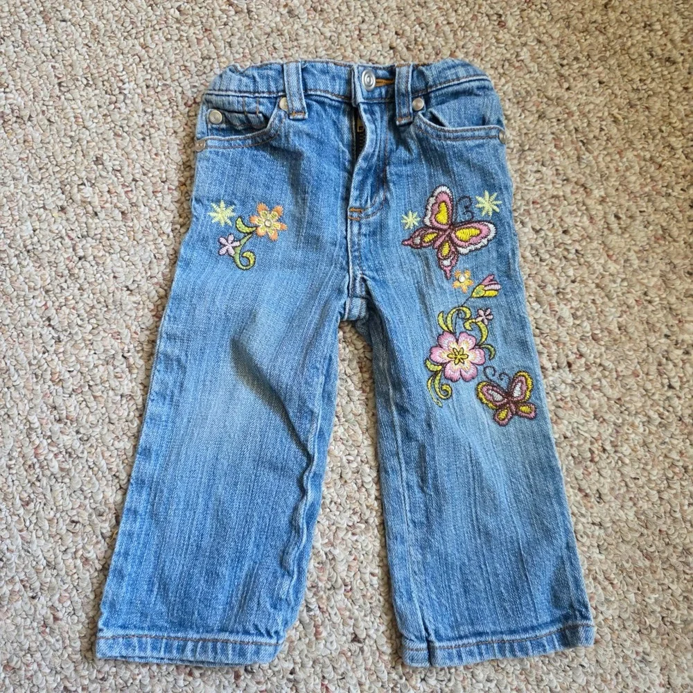 Cherokee Girls Toddler 18M Embroidered Butterfly Floral Jeans Y2K Vintage Blue